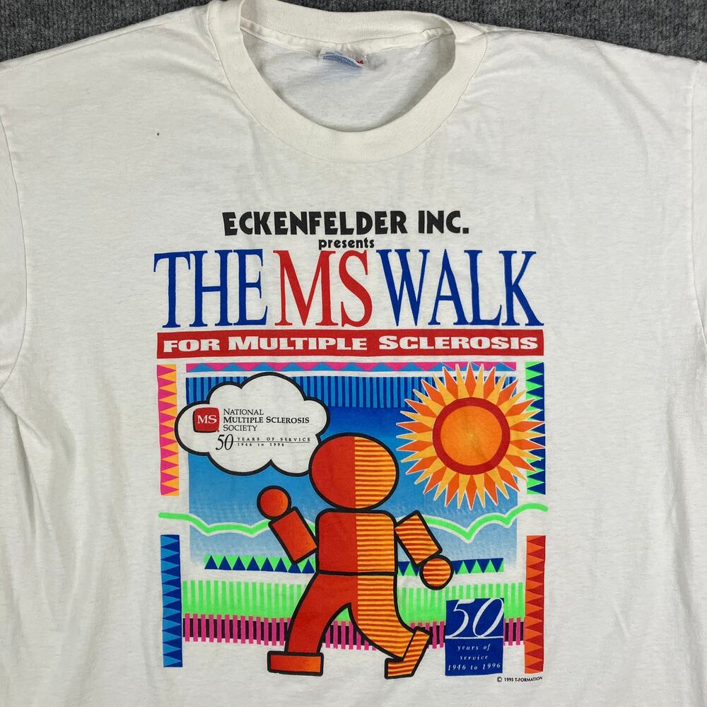 Hanes‎ T-Shirt Mens Size XL White 1995 MS Walk Graphic Single Stitch USA Made